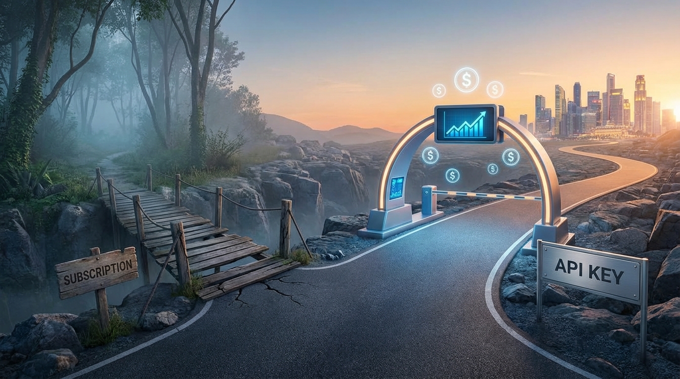 Diagram contrasting flat subscription pricing with metered API spend for AI agents