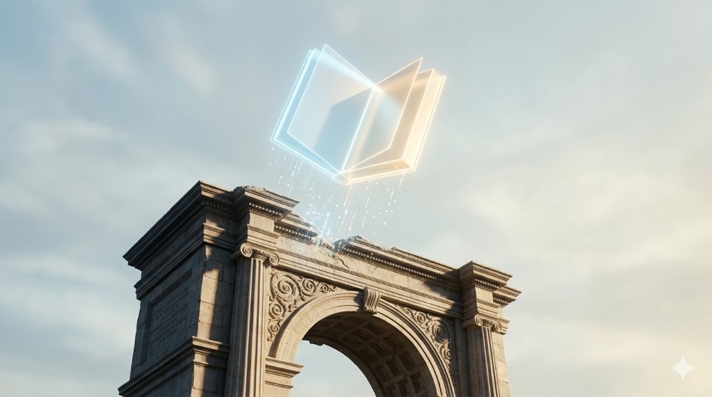 Holographic open book above a classical stone arch, symbolizing scholarly tradition meeting digital preprint infrastructure