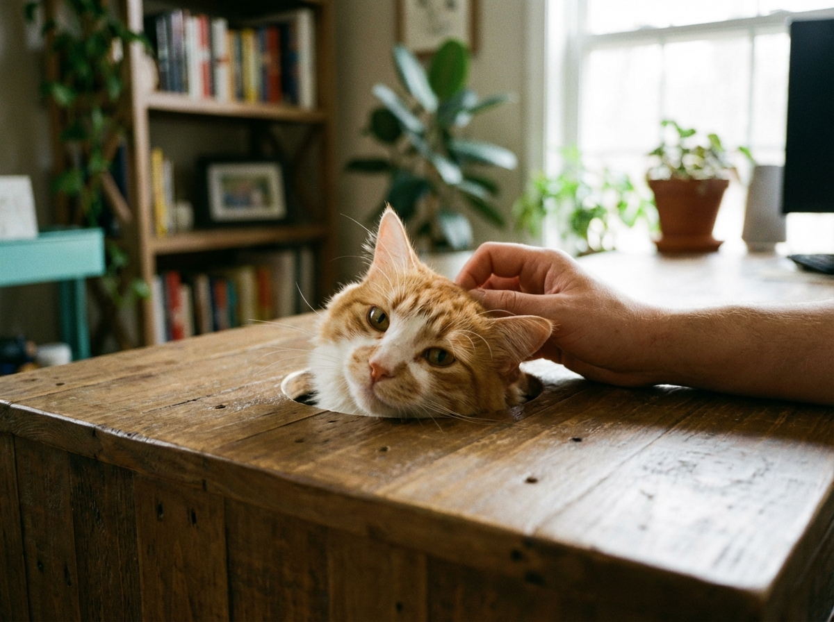 Cat peeking through desk surprise hole