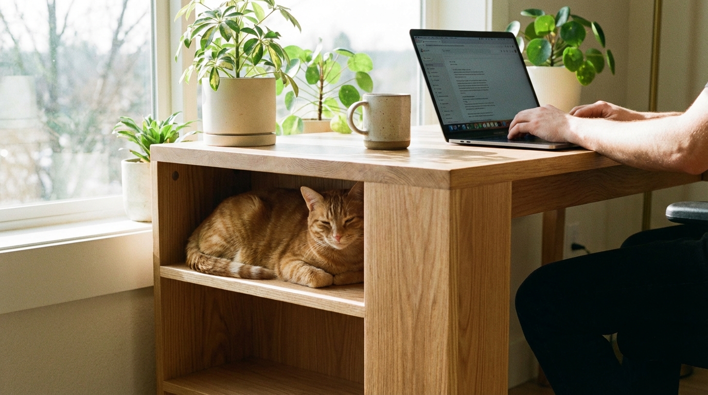 Neko House Desk with cat using integrated spaces