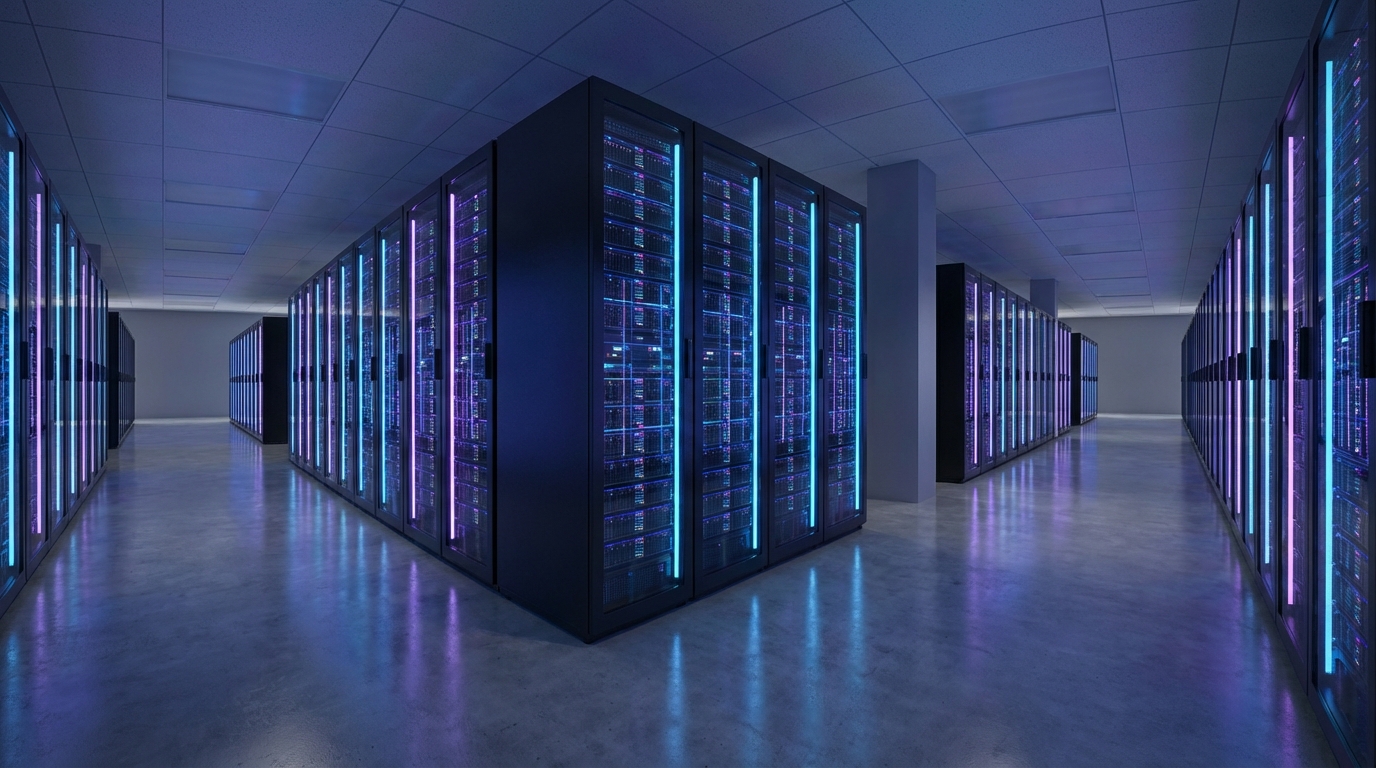 Editorial illustration: hyperscale cloud and AI data-center infrastructure