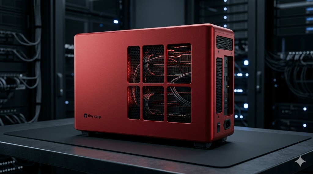 Tinycorp Tinybox Red v2 compact deep learning workstation with red chassis and tiny corp branding