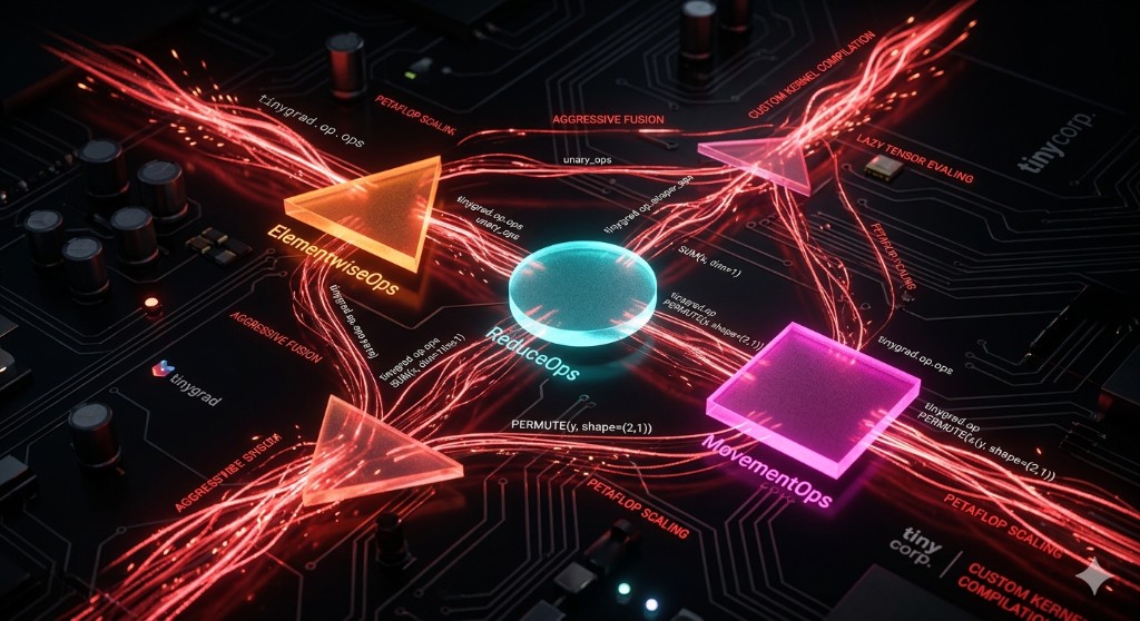 Concept art of tinygrad operation families: ElementwiseOps, ReduceOps, and MovementOps on a circuit board with tinycorp and tinygrad branding