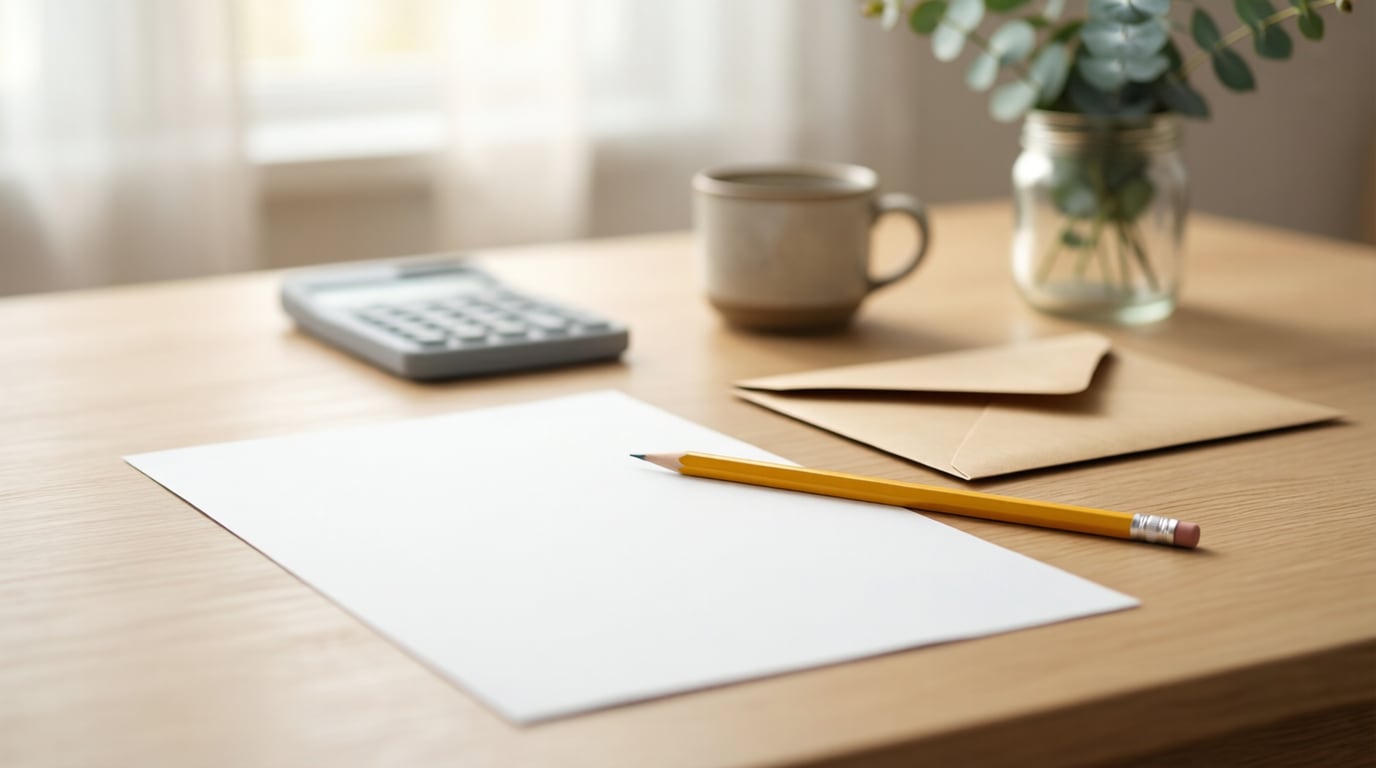 A blank sheet of white paper with a yellow pencil on a light wooden desk, next to a kraft envelope, with a calculator, coffee cup and eucalyptus behind.