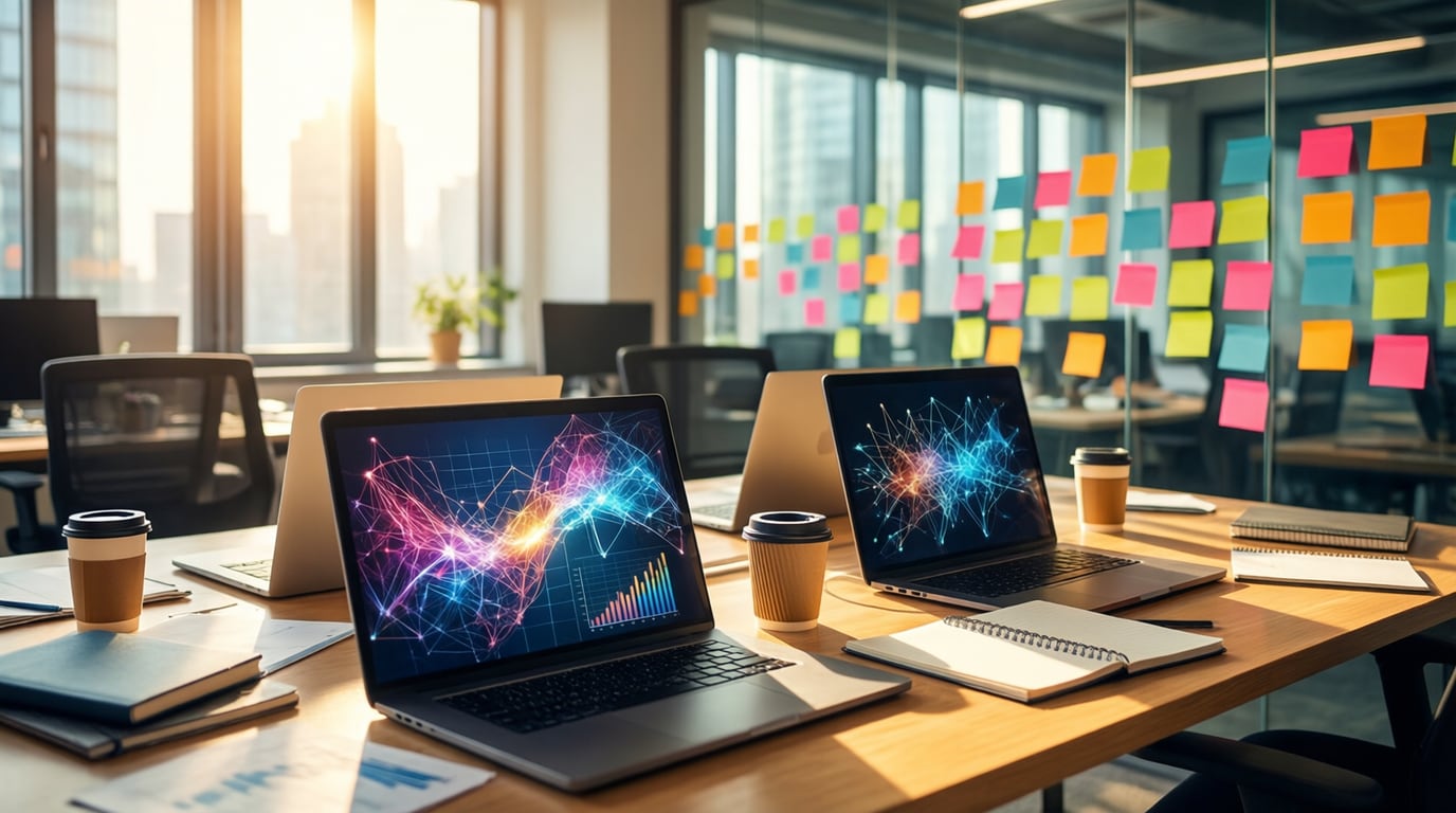Illustration of a sunlit consulting workspace with open laptops showing abstract charts, coffee cups and notebooks, and a glass wall covered in blank colorful sticky notes