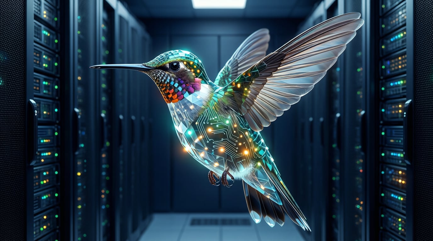 Illustration of a faceted glass hummingbird with glowing circuit lines hovering in front of dark server racks in a data center, lit in teal and amber