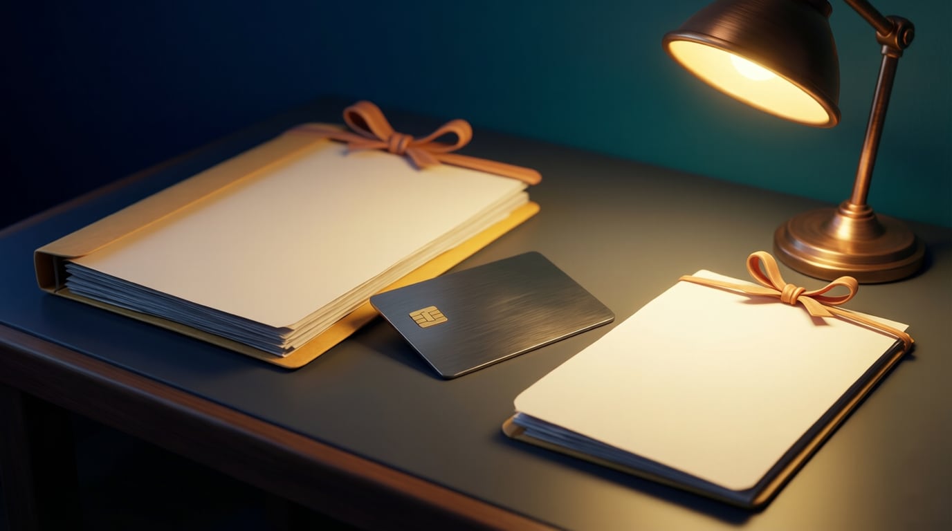 Illustration of a plain dark payment card on a desk beside two separate ribbon-tied document folders under a warm desk lamp