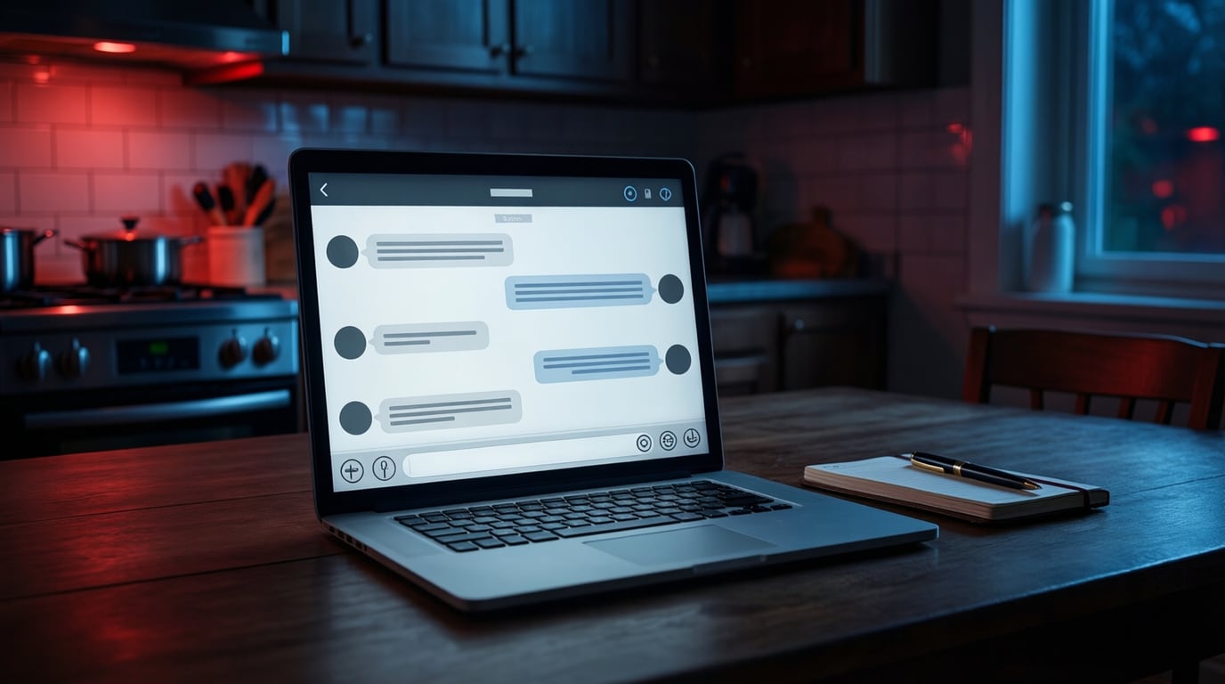 Illustration of an open laptop showing a chat window with placeholder message bubbles on a kitchen table at night, a notebook beside it, red and blue light