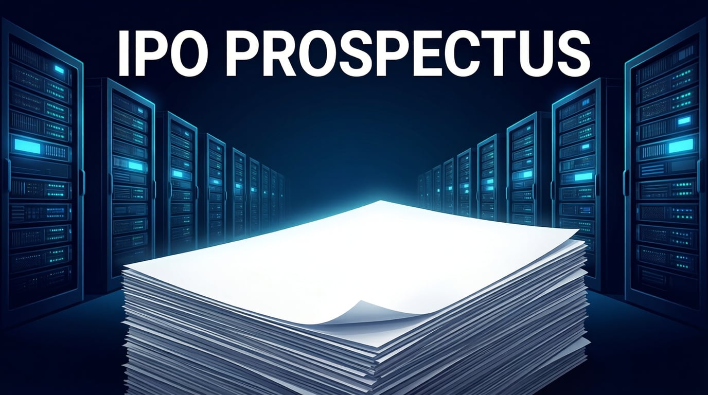 Editorial illustration of a thick stack of document pages on a dark navy background, with glowing server racks behind it and the words IPO prospectus