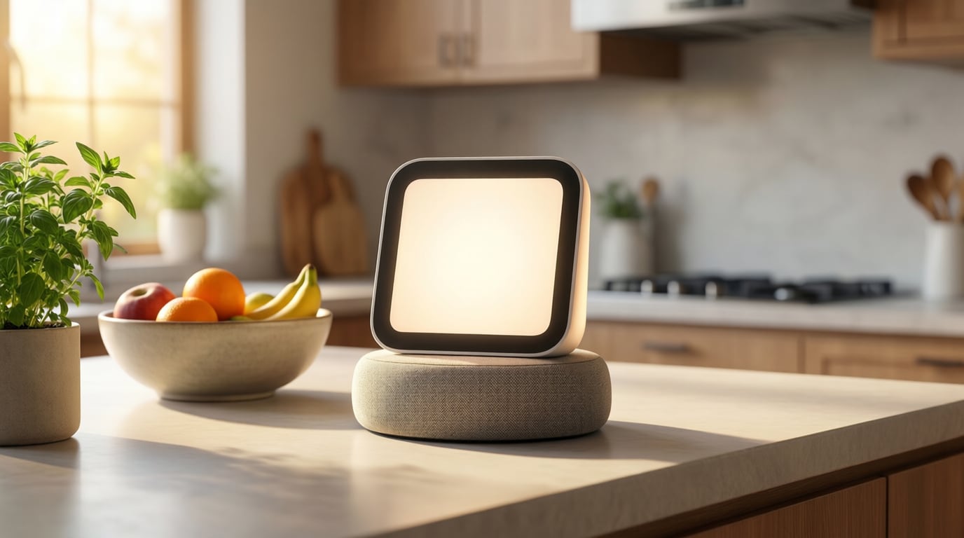 Illustration of a small unbranded tablet-style display on a round speaker base sitting on a kitchen counter, with a blank glowing screen