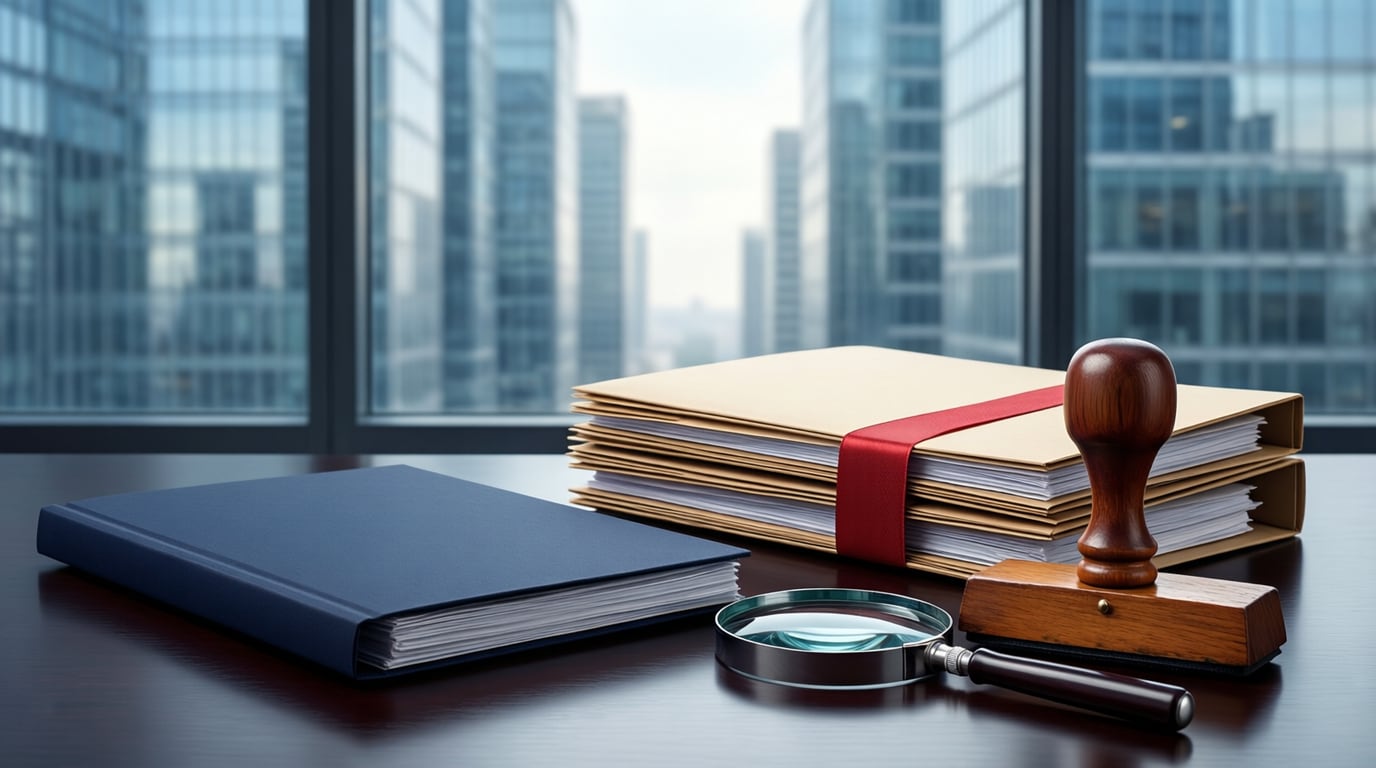 Illustration of a plain navy bound report, a stack of manila folders tied with red ribbon, a magnifying glass and a wooden rubber stamp on a desk before office towers