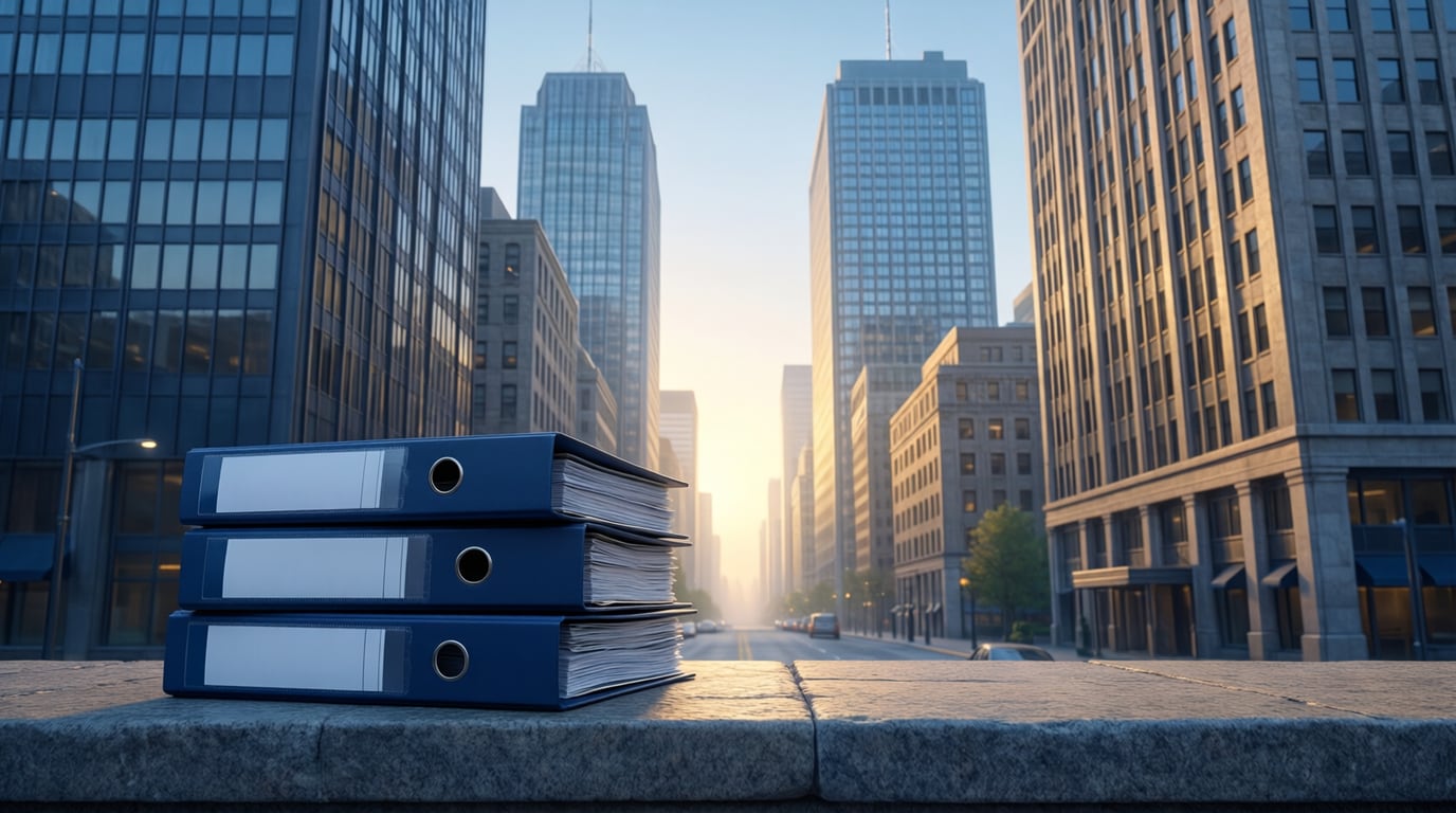 Illustration of three navy ring binders with blank labels stacked on a stone ledge, with office towers along a city street behind them at sunrise