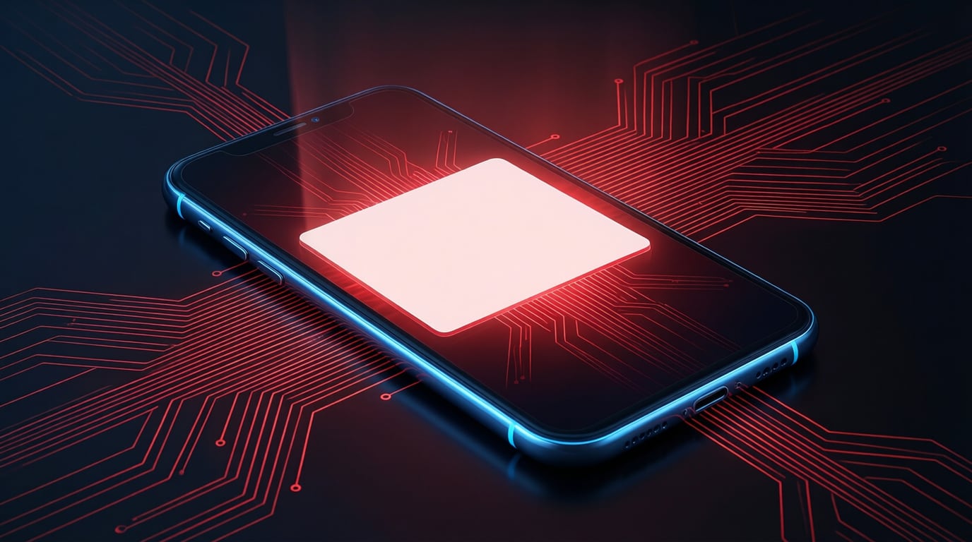 Illustration of a smartphone on a dark desk with a blank ad banner glowing red and thin red circuit lines spreading from it
