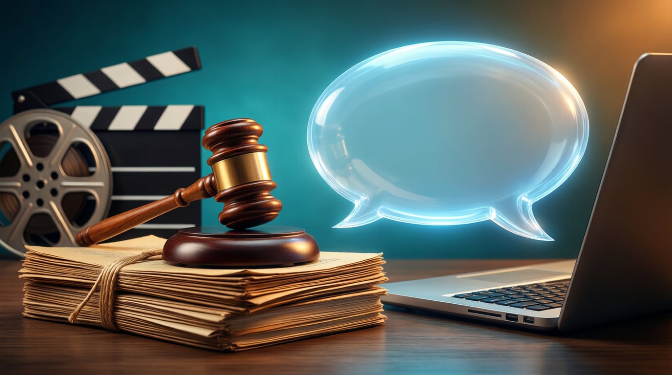 Illustration of a judge's gavel on a tied stack of legal papers next to a glowing empty speech bubble and a laptop, with a film reel and clapperboard behind