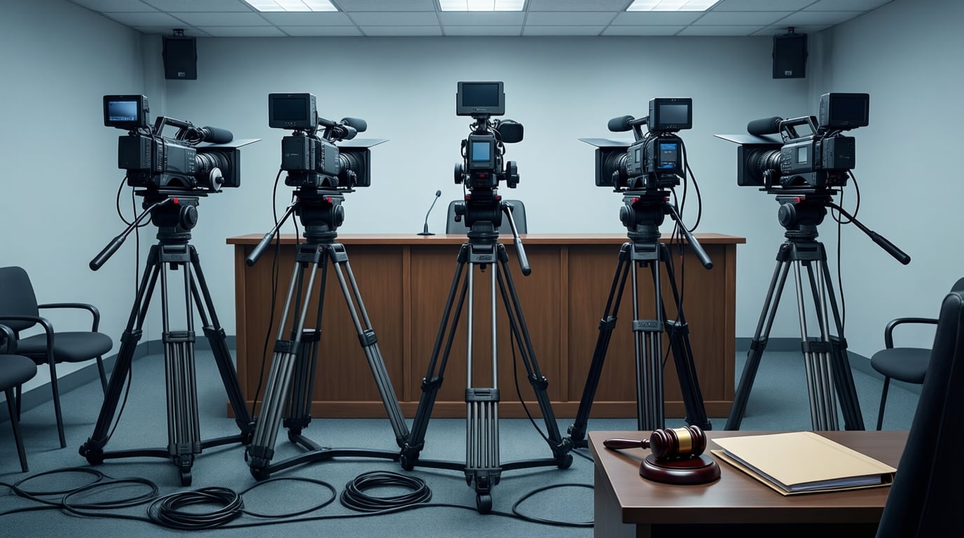 Illustration of five TV cameras on tripods in an empty room, angled toward an unoccupied wooden desk with a microphone and chair, with a gavel and a folder on a side table