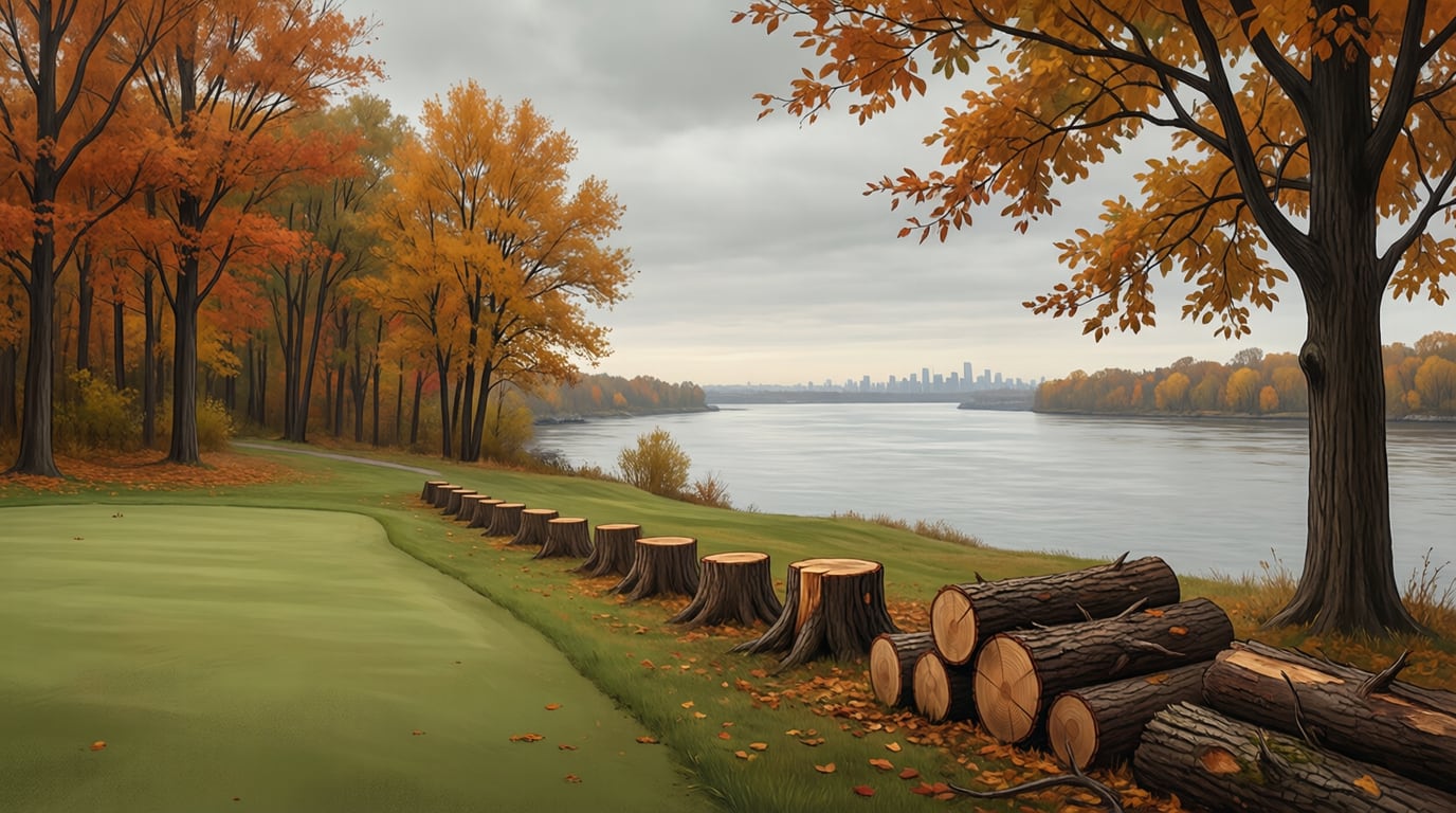 Illustration of a riverside golf course in autumn with a row of fresh tree stumps and stacked logs along a fairway and a distant city skyline across the river