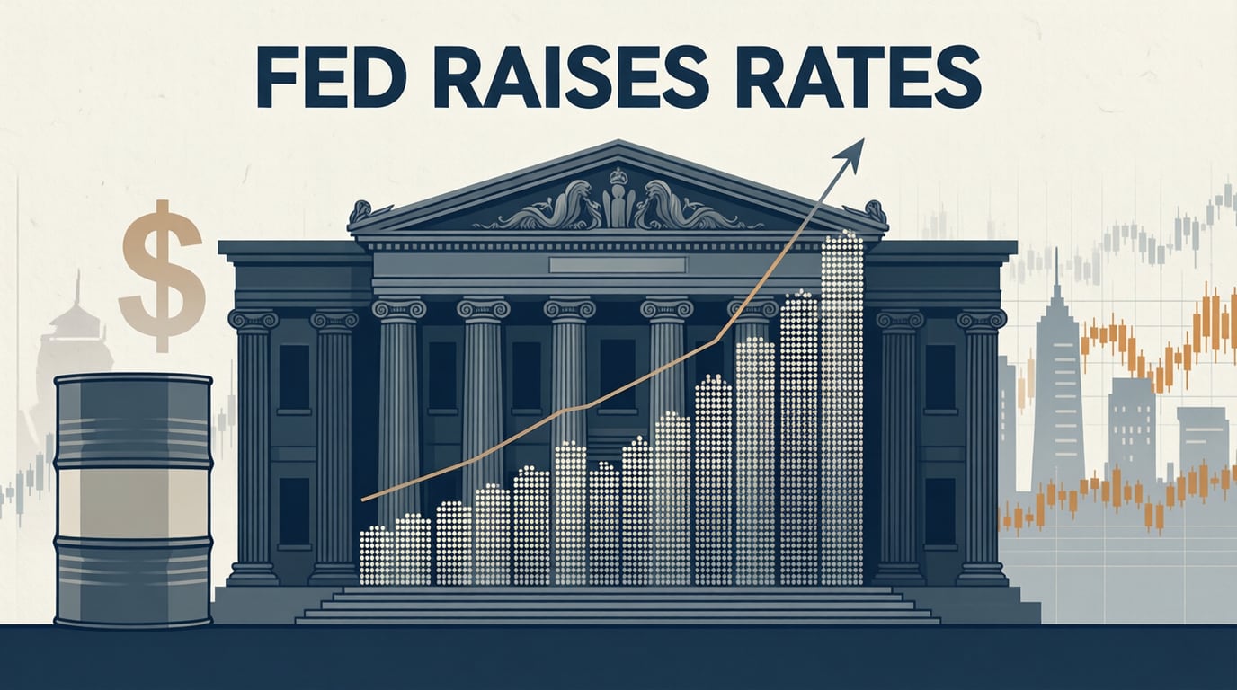 Illustration of a central bank building with a rising dot-plot chart and the headline 'Fed raises rates'