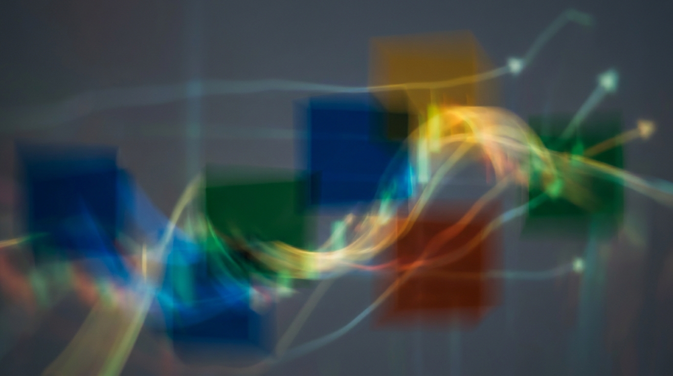 Conceptual image of market sectors rotating, represented by blurred, distinct color blocks shifting positions on a subtle, abstract financial chart background. 