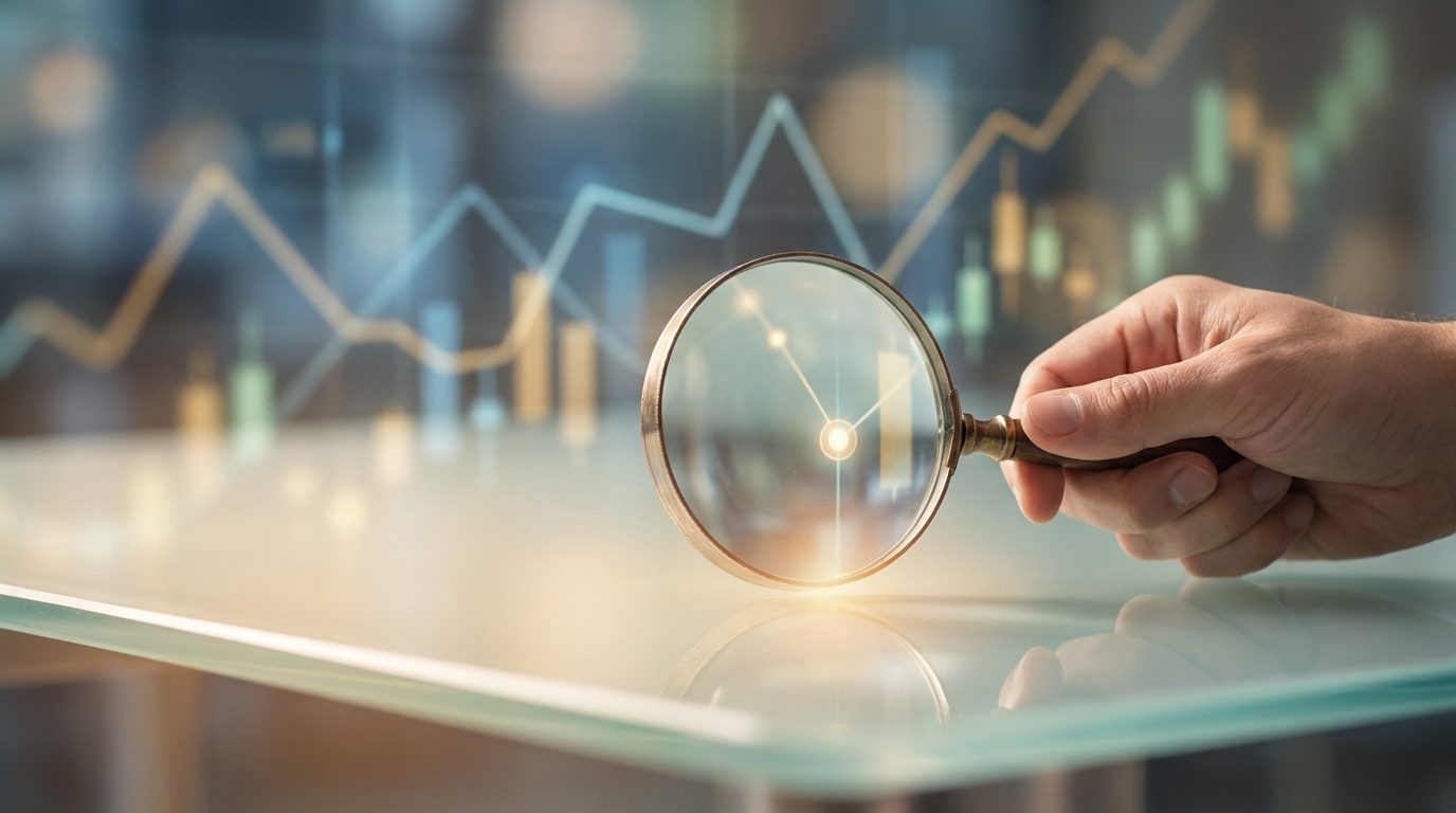 A series of blurred, stylized financial charts and graphs in the background, with a magnifying glass in the foreground highlighting a specific data point, symbo