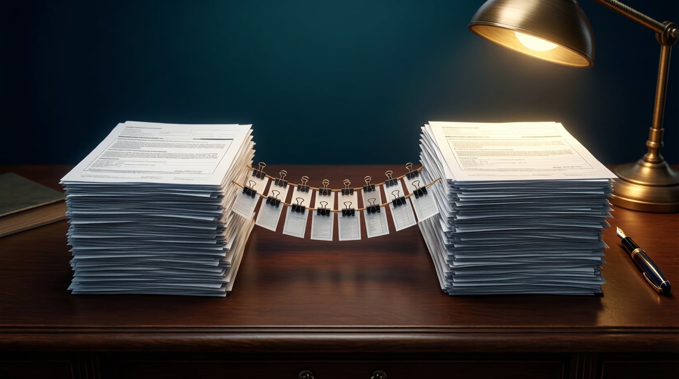 Illustration of two stacks of paper financial statements side by side on a desk, linked by a row of small paper slips, under a desk lamp