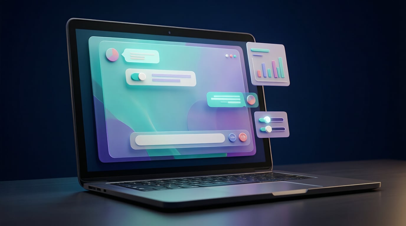 Illustration of a chat window on a laptop screen filled with abstract charts, buttons and sliders instead of text, on a dark desk
