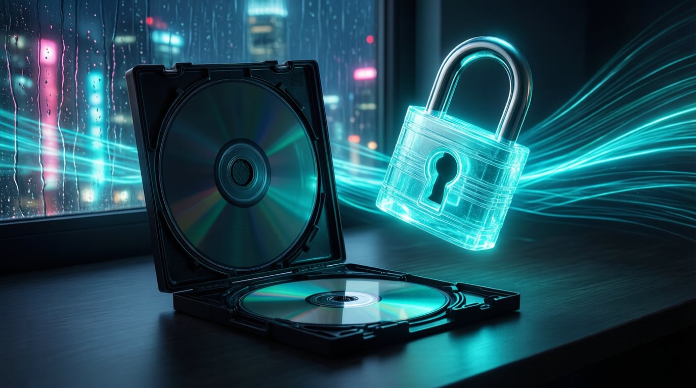 Illustration of an open plastic disc case with discs on a dark desk at night, a glowing translucent padlock and streams of teal light against a rain-streaked city window