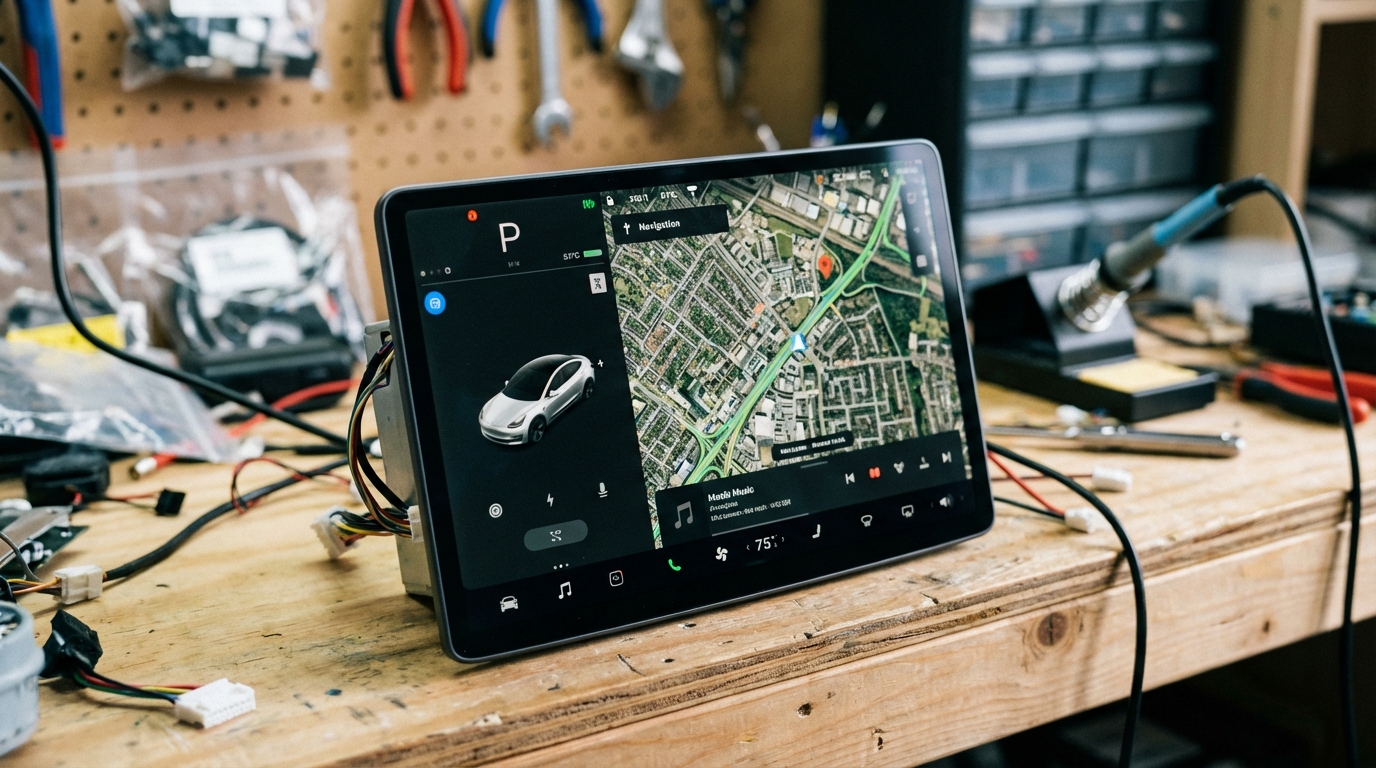 Tesla infotainment UI running on bench-mounted salvage display
