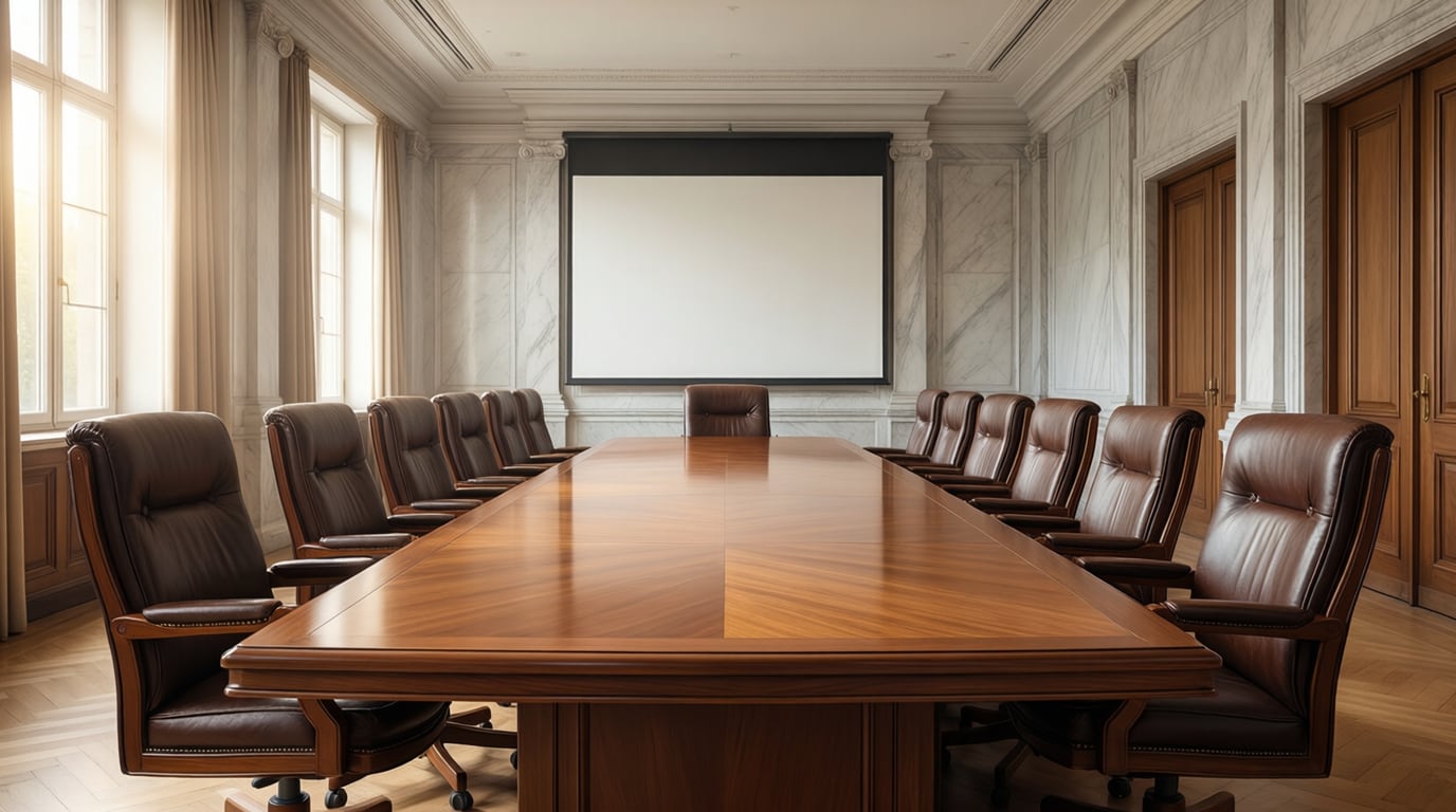 Illustration of a long empty conference table lined with leather chairs in a classical meeting room, a large blank screen on the wall