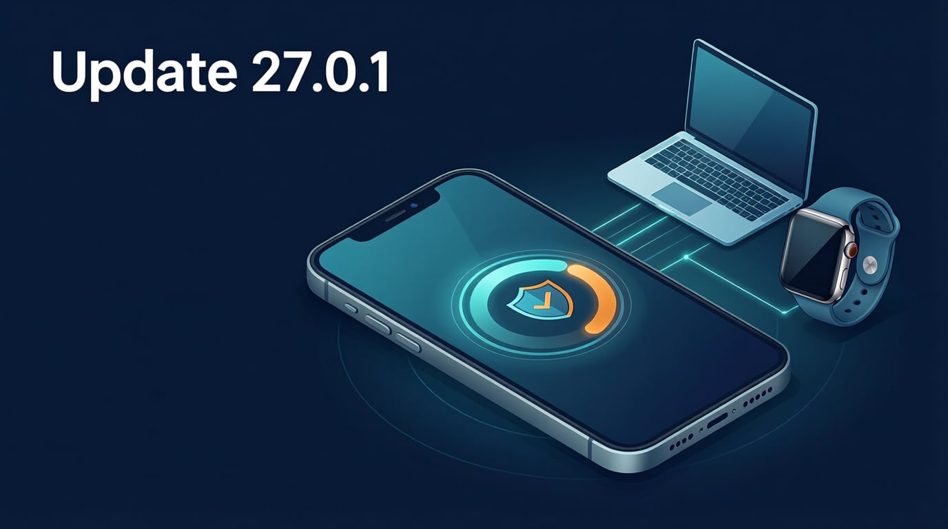 Illustration of a generic smartphone on a dark navy background showing a software update progress ring and a shield icon