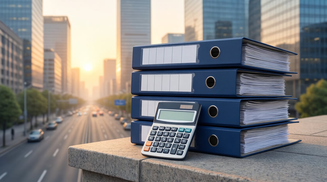 Illustration of a stack of blank navy report binders and a desk calculator on a stone ledge, with office towers behind them at dawn