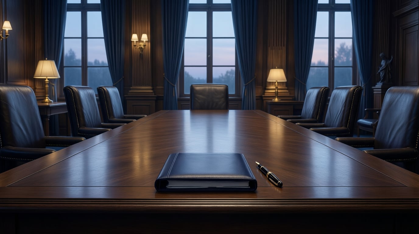 Illustration of an empty formal hearing room: a long dark wooden table with leather chairs, a closed navy folder and a fountain pen, tall windows at dusk