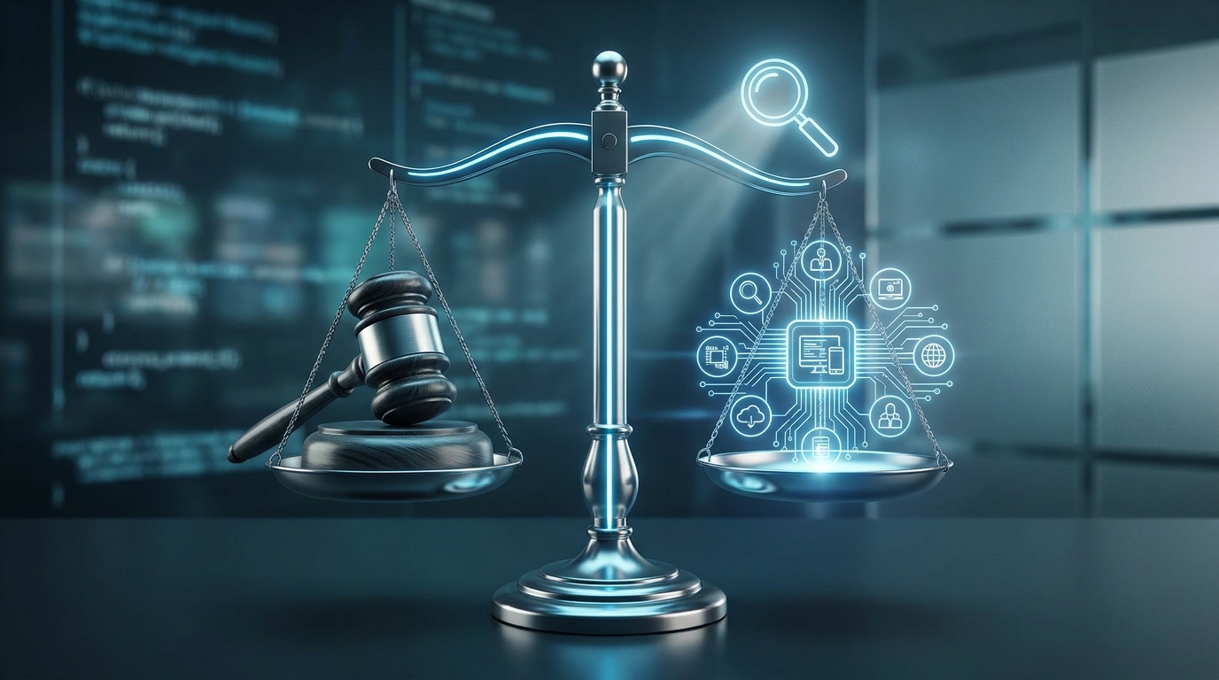 A stylized, abstract image depicting a balance scale with legal gavels on one side and digital platforms on the other, or a magnifying glass over a blurred digi