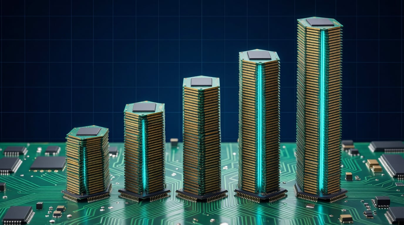 Illustration of five stacks of layered memory chips rising in height from left to right on a circuit board, with teal light on a dark navy background