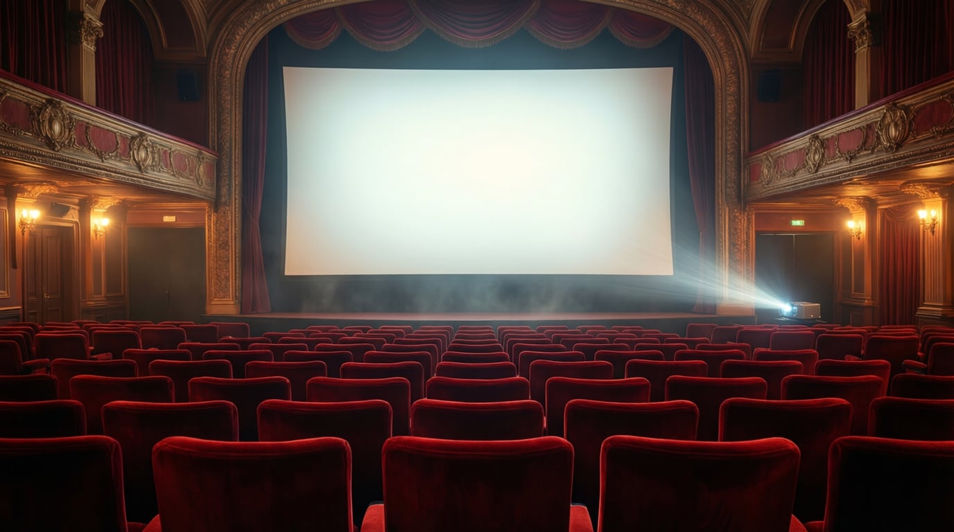 Illustration of an empty movie theater with rows of red seats and a blank glowing screen
