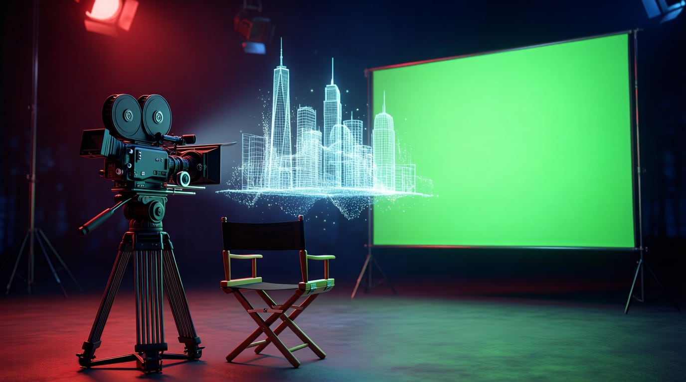 Illustration of an empty film set at night with a cinema camera, a director's chair and a green screen, and a glowing wireframe city floating between them