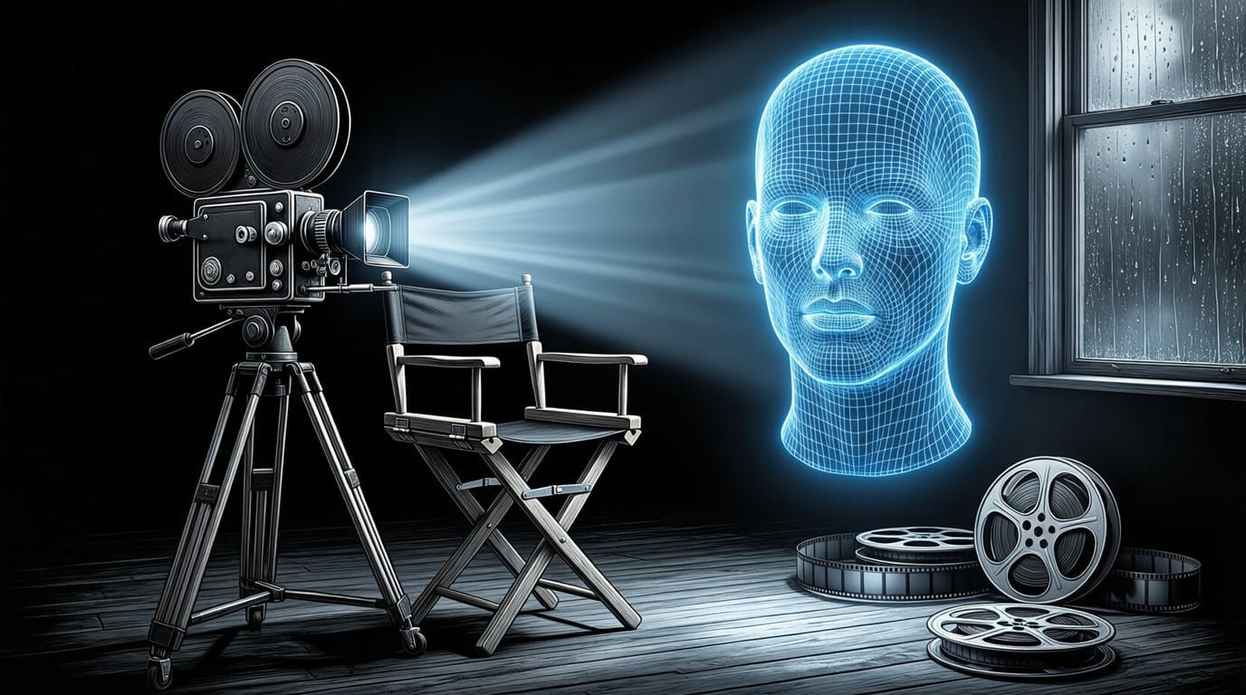 Illustration of a dark film set with a vintage cinema camera, an empty director's chair, film reels, and a glowing blue wireframe of a generic human head in the camera's beam