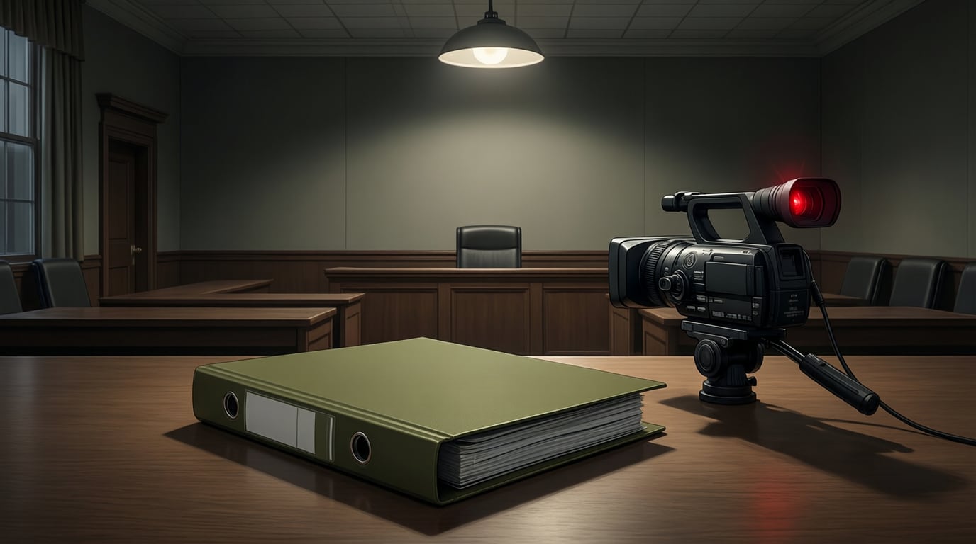 Illustration of an empty, dim hearing room with a closed olive-green binder on a wooden table and a video camera on a tripod with a red glow in its lens