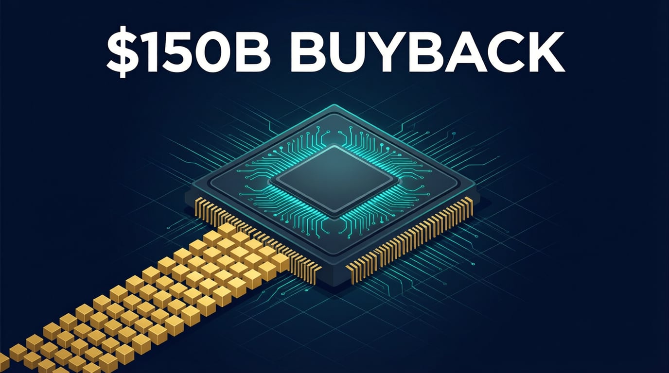 Illustration of a generic GPU chip on a dark navy background with small blocks flowing back into its base and the words $150B buyback