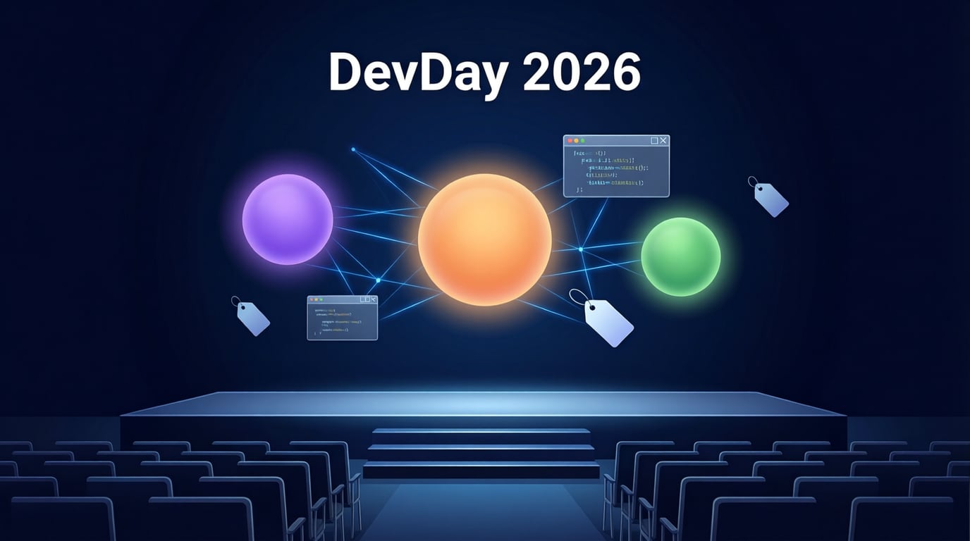Illustration of a conference stage on a dark navy background with three glowing dots, a price tag card and a code window, and the words DevDay 2026