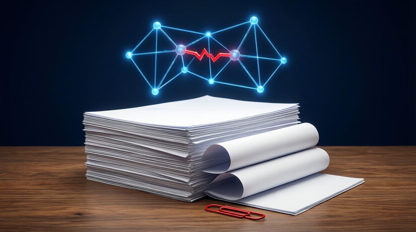 Illustration of a tall stack of blank manuscripts on a desk with a few curled sheets and a red paper clip, under a glowing node graph with one broken red link