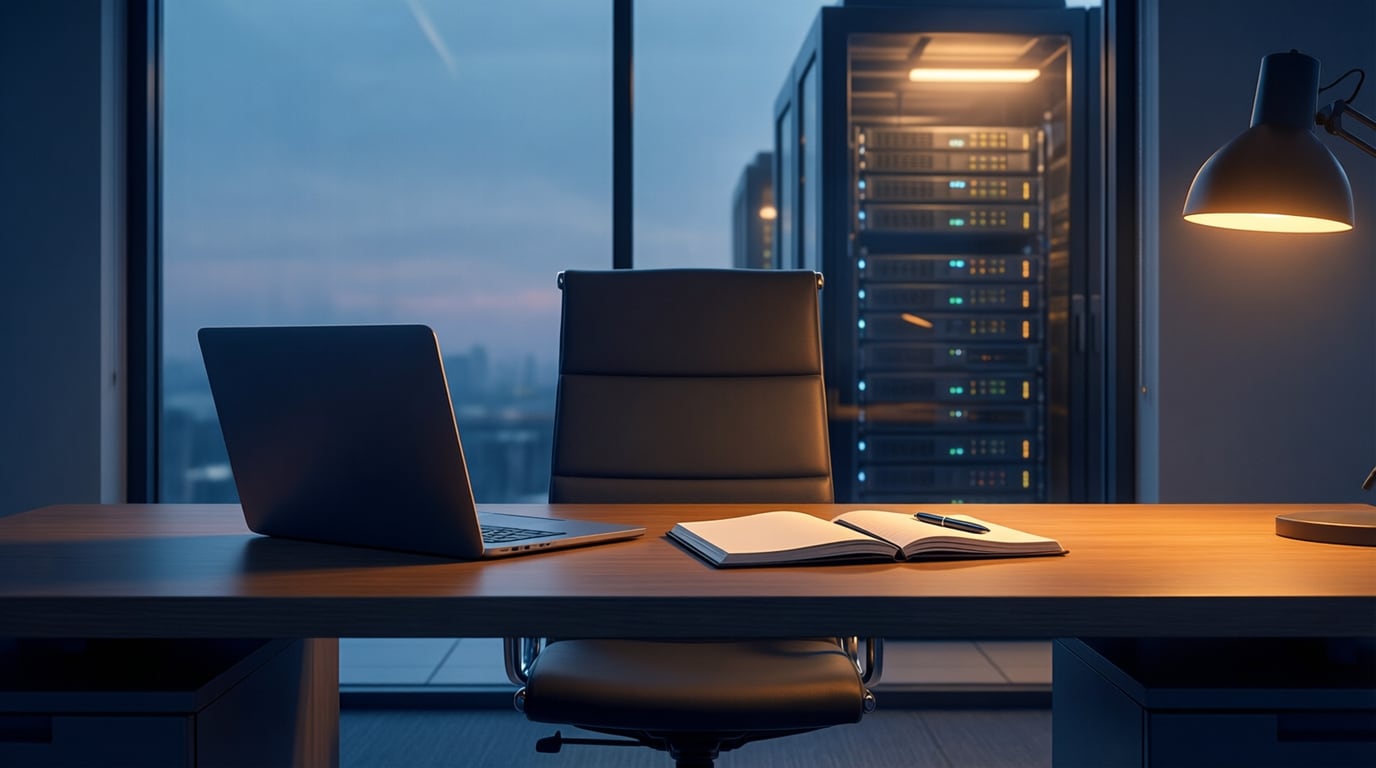 Illustration of an empty office desk at dusk with a laptop, an open notebook and an empty chair, in front of a city window and a lit server rack