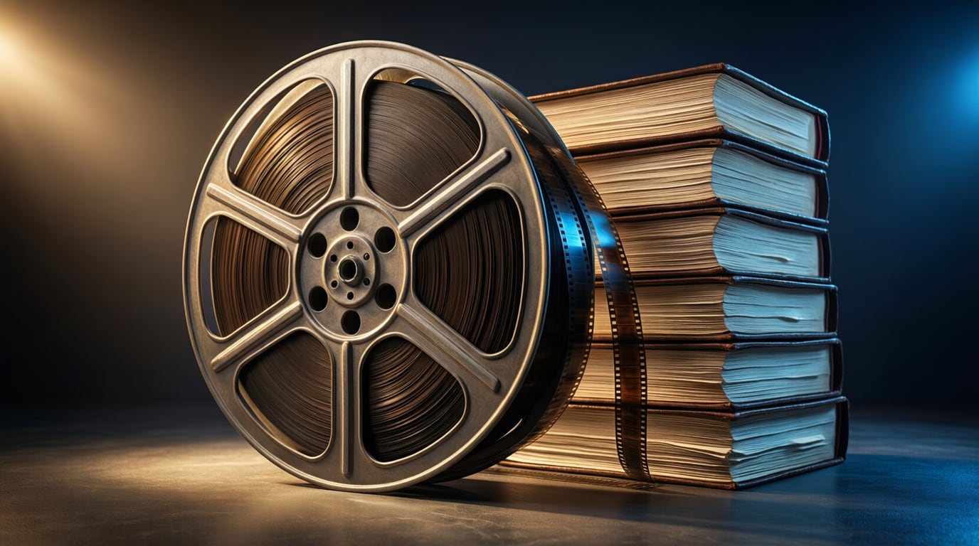 Illustration of a large film reel beside a tall stack of bound documents on a dark stage, lit by warm and blue light