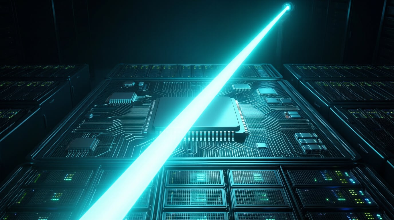 Illustration of a teal light beam crossing a circuit board with a large chip, between server racks in a dark data hall