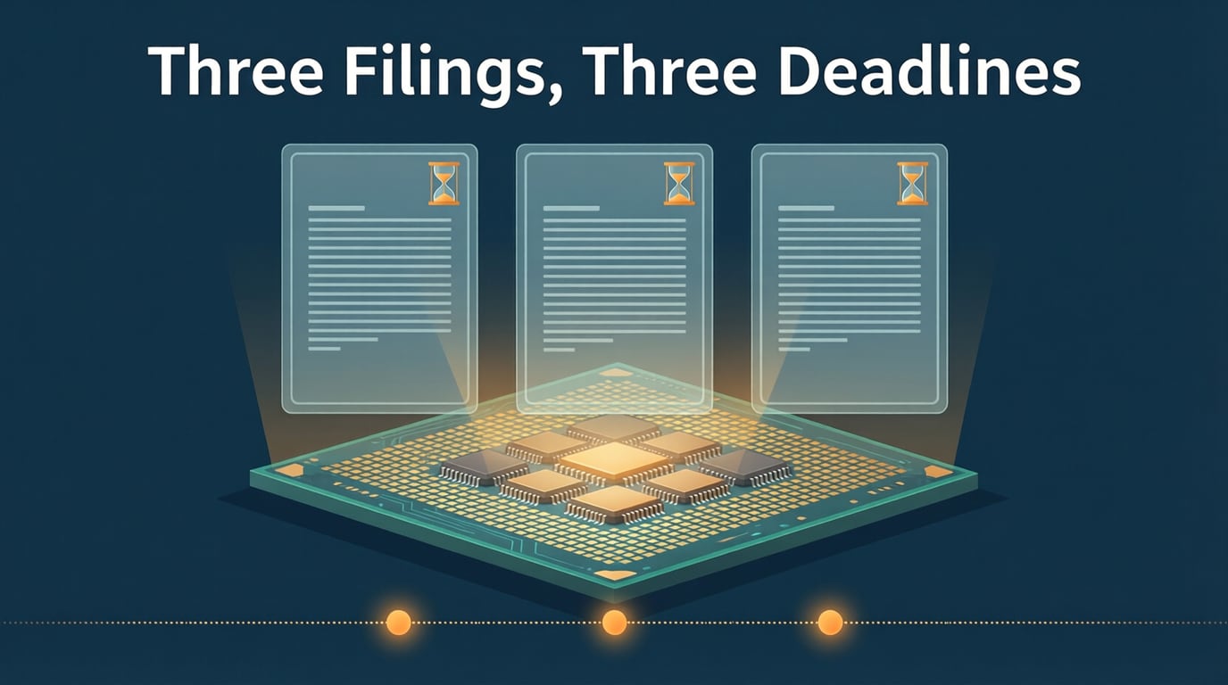 Illustration of three filing documents with hourglasses above a memory chip, titled 'Three filings, three deadlines'