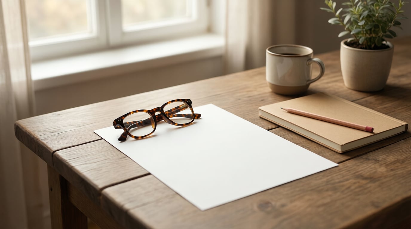 Reading glasses resting on a blank sheet of paper on a wooden kitchen table, next to a coffee mug, a closed notebook with a pencil and a potted plant.