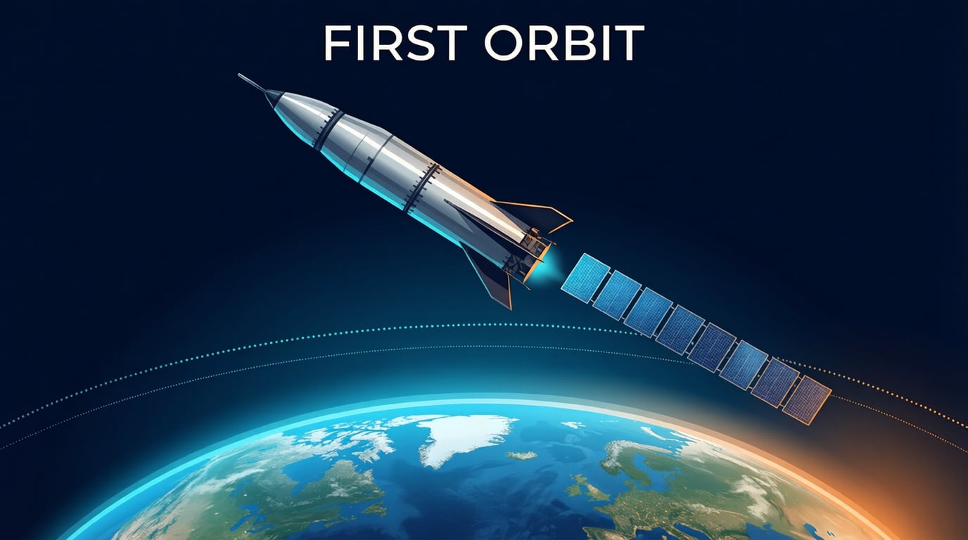 Illustration of a large steel rocket upper stage circling Earth and releasing a row of flat satellites, on a dark navy background