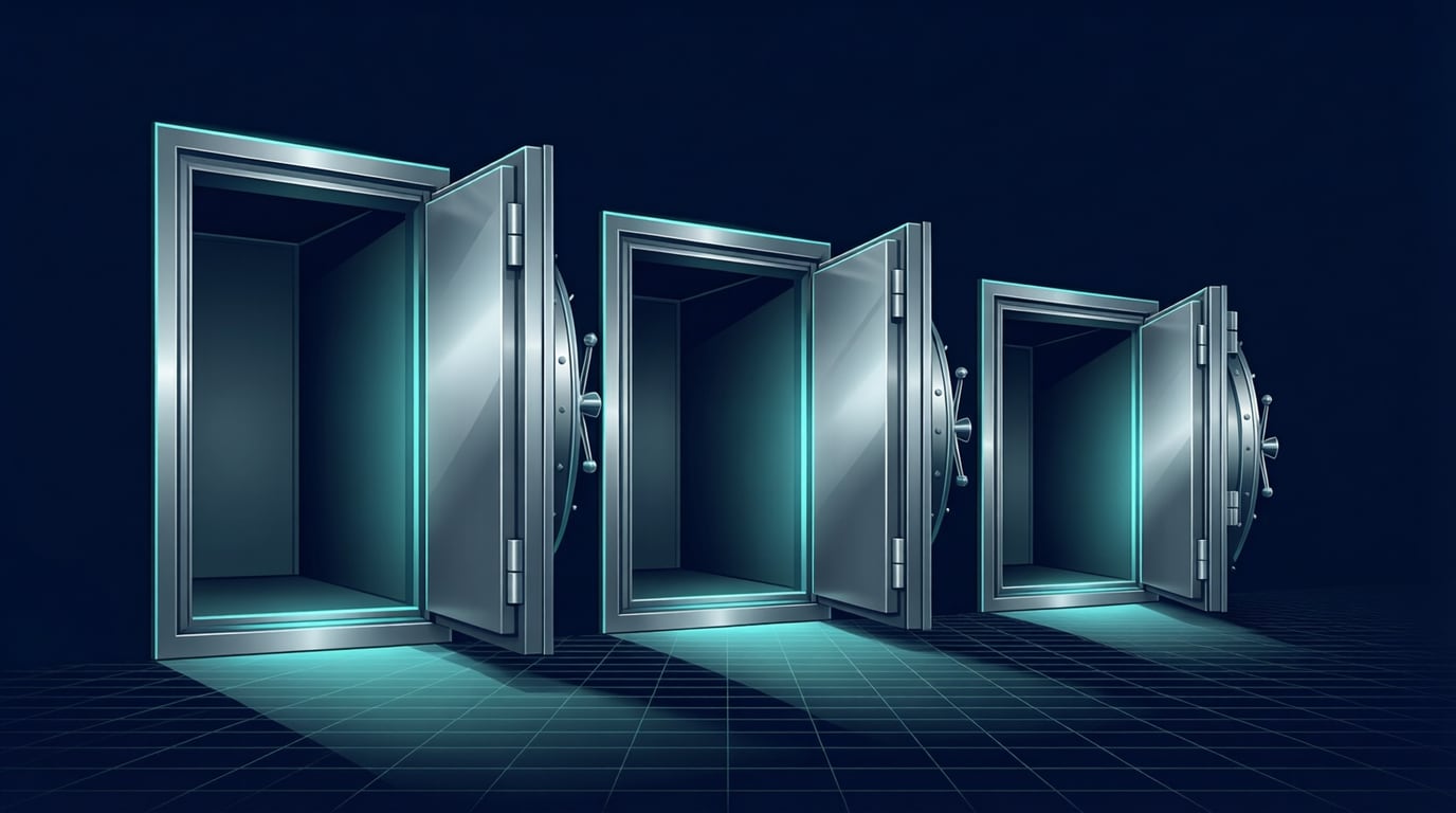 Illustration of three steel vault doors of decreasing size, wide open and empty, with teal edge light on a dark navy background over a faint grid floor