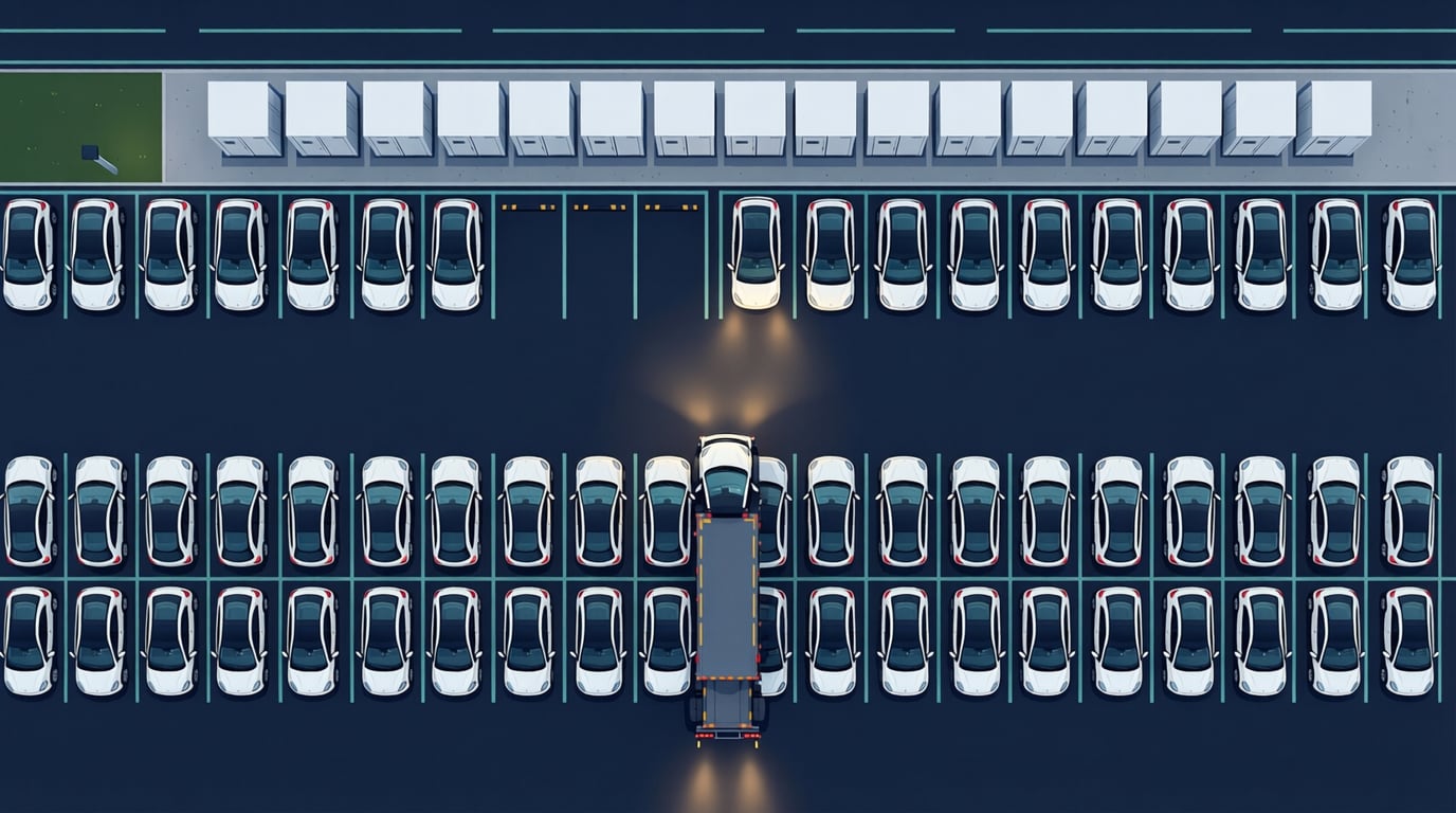 Top-down illustration of a vehicle lot at dusk: rows of plain white electric cars with a few empty bays, a car carrier truck among the parked rows, and white battery cabinets along the top