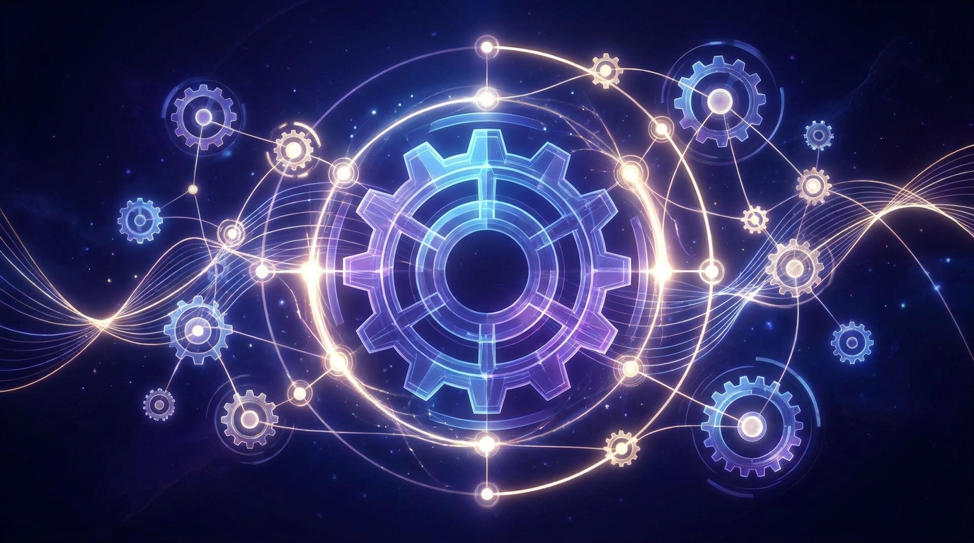 An abstract illustration depicting interconnected gears or nodes, with one central, larger node representing Tesla, and smaller, orbiting nodes symbolizing rela