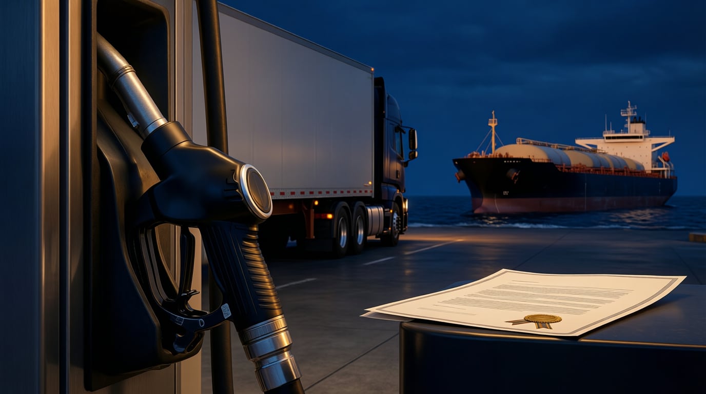 Illustration of an unbranded diesel pump nozzle at night, a semi truck, a tanker ship on a dark sea, and a sealed official document on a counter in the foreground